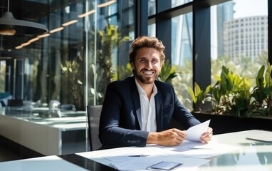 Young architect with a smiling face sitting and working with documents in a clear glass office