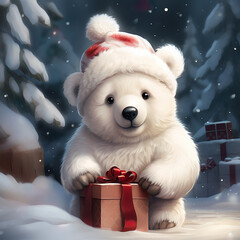 Wall Mural - Christmas Polar Bear, gifts. Funny cute white bear greeting card