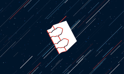 Poster - Large white magic book symbol framed in red in the center. The effect of flying through the stars. Vector illustration on a dark blue background with stars and slanted lines