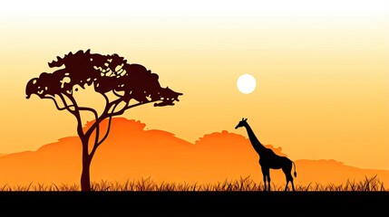 Poster -  a silhouette of a giraffe standing next to a tree.  generative ai