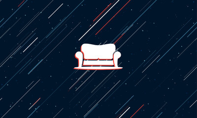 Poster - Large white sofa symbol framed in red in the center. The effect of flying through the stars. Vector illustration on a dark blue background with stars and slanted lines