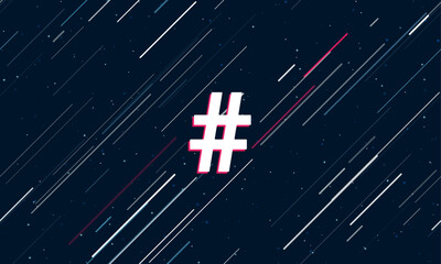 Poster - Large white hash symbol framed in red in the center. The effect of flying through the stars. Vector illustration on a dark blue background with stars and slanted lines