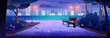 Night city park embankment with bench on street vector illustration. Purple midnight cityscape and garden landscape view. Summer outdoor seaside in town. Panoramic urban nature scene with sky