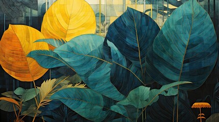 Poster -  a painting of a green and yellow leafy plant with a building in the background.  generative ai