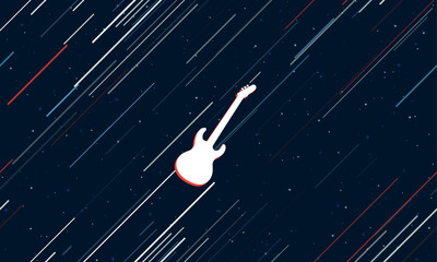 Poster - Large white guitar symbol framed in red in the center. The effect of flying through the stars. Vector illustration on a dark blue background with stars and slanted lines