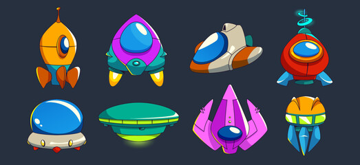 Poster - spaceship and alien ufo ui game vector cartoon set. fantasy galaxy icon and cosmic spacecraft object