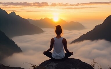 Sticker - Woman sitting yoga pose on a rock at sunrise in the morning