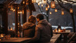 Two Young People Cuddling Close on Bench at Winter 