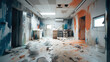 Demolished and destroyed interior of a rage room, anger relief strategy