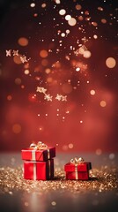 Wall Mural - Festive present gift box with Christmas decorations. Abstract background with copy space.