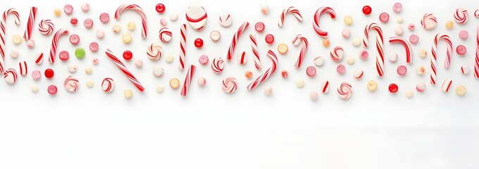 Wall Mural - White and red shiny Christmas candy canes, minimal flat lay pattern background.