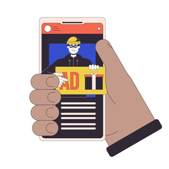 Poster - Advertising fraud on smartphone flat line concept vector spot illustration. Thief stealing data. Click on ad 2D cartoon outline hand on white for web UI design. Editable isolated color hero image