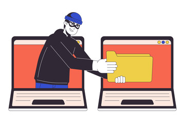 Poster - thief stealing data from laptop flat line concept vector spot illustration. phishing attack. 2d cart