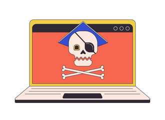 Poster - online piracy on laptop flat line concept vector spot illustration. downloading copyrighted files 2d