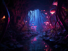 Alien Tunnel In An Unknown Planet, Bioluminescent Plants Lining The Walls, Glowing In Vibrant Hues