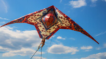 A Soaring Red And Blue Delta Kite With Intricate Patterns, Set Against A Clear Blue Sky With Soft Cumulus Clouds