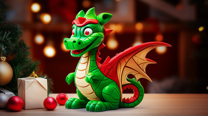 Wall Mural - Green dragon toy on the background of the Christmas tree and gifts. Selective Focus