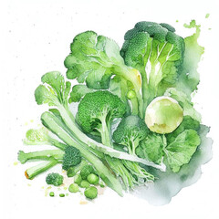 Wall Mural - Watercolor art. Minimalist retro  illustration with green vegetables.