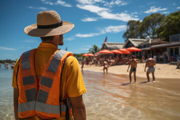 Poster - A lifeguard scanning the water for potential dangers and ensuring the safety of beachgoers. Concept of water safety and risk prevention. Generative Ai.