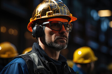 Canvas Print - A construction worker wearing personal protective equipment, including a helmet and safety goggles, to ensure workplace safety and hygiene. Concept of construction site safety. Generative Ai.