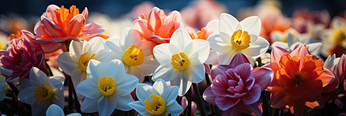 Sunny  Daffodils flowers in a garden in spring