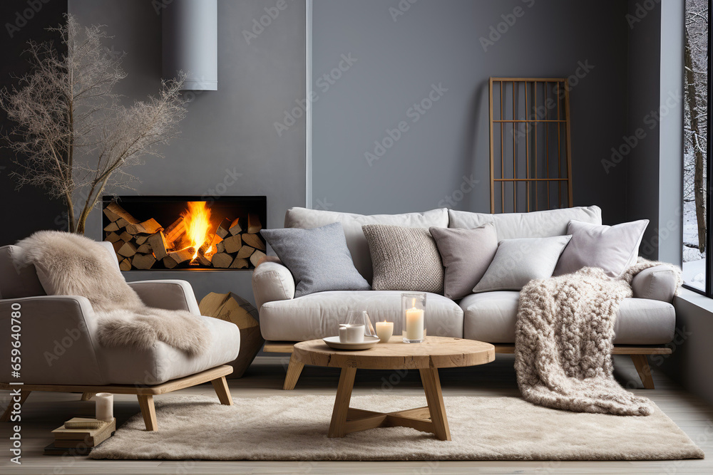 Grey sofa and lounge chair by fireplace. Scandinavian, hygge home ...