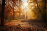 Fototapeta Las - Autumn landscape with sun rays and golden falling leaves. Generative AI