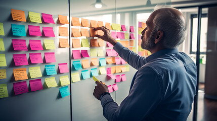 Wall Mural - Man putting on sticky note on wall, strategic business planning, very organized thinking