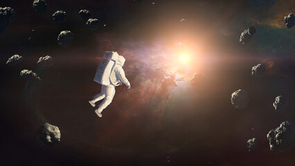 Wall Mural - astronaut and asteroids in deep space. elements of this image furnished by nasa.