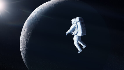 Wall Mural - cosmonaut is flying in outer space on moon background. elements of this image furnished by nasa.