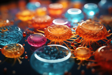 Poster - a close-up of a microscope slide with cells and microorganisms, highlighting the microscopic world t