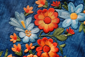 Wall Mural - Floral  embroidery on blue denim cloth 