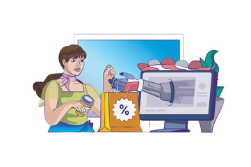 Poster - E-commerce concept with people scene in flat cartoon design for web. Woman shopping at seasonal sales in online stores with delivery. Vector illustration for social media banner, marketing material.