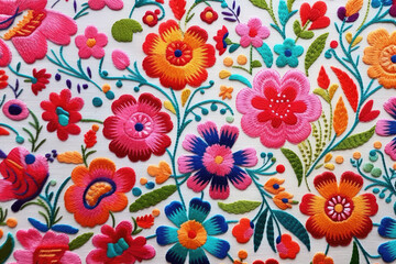 Poster - Detailed embroidery of colorful flowers on fabric.