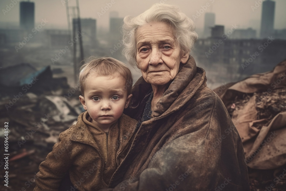 Portrait of Grandmother with child sit in front of a destroyed city ...