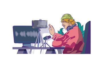 Aufkleber - Video communication concept with people scene in flat cartoon design for web. Man calling by video zoom using computer and microphone. Vector illustration for social media banner, marketing material.