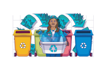 Leinwandbilder - Waste management concept with people scene in flat cartoon design for web. Woman collects and separates into trash bins for recycle. Vector illustration for social media banner, marketing material.