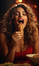 Female Mouth In Detail Eating Delicious Italian Bolognese Pasta Dish With Traditional Tomato Sauce.