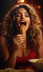 Female mouth in detail eating delicious Italian Bolognese pasta dish with traditional tomato sauce.