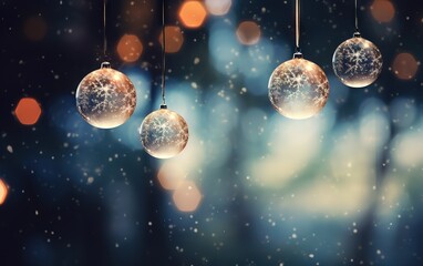 a group of christmas ornaments hanging from strings