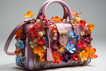 Wall Mural - Pink Across body bag in floral design with colorful flowers. Trendy women leather handbag 