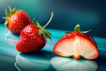 Wall Mural - Strawberries isolated. Two ripe strawberries, half a strawberry with green leaves on a blue background,