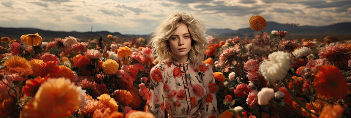 Poster - young woman in floral clothes surrounded by wild flowers, new fashion spring collection