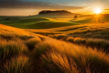 abstract warm landscape of dry wildflower and grass meadow on warm golden hour sunset or sunrise tim