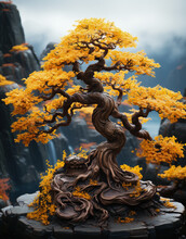 Japanese Bonsai Tree With Yellow Leaves In The Forest, Close-up View. Autumn Season