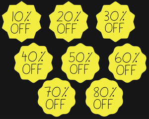 Aufkleber - Yellow stickers with discounts from 10% to 80%.
