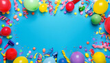 Fototapeta Desenie - Multicolored carnival or birthday background on blue with a frame of colorful party balloons, streamers, confetti and candy.