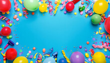 Multicolored Carnival Or Birthday Background On Blue With A Frame Of Colorful Party Balloons, Streamers, Confetti And Candy.