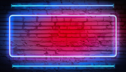 Wall Mural - Neon light on brick walls that are not plastered background and texture. Lighting effect red and blue neon background