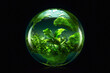 © tanitost - Environmental concept with a green glass ball containing a plant, isolated on black. Close-up of a green glass ball with plant inside, against a black background, eco concept